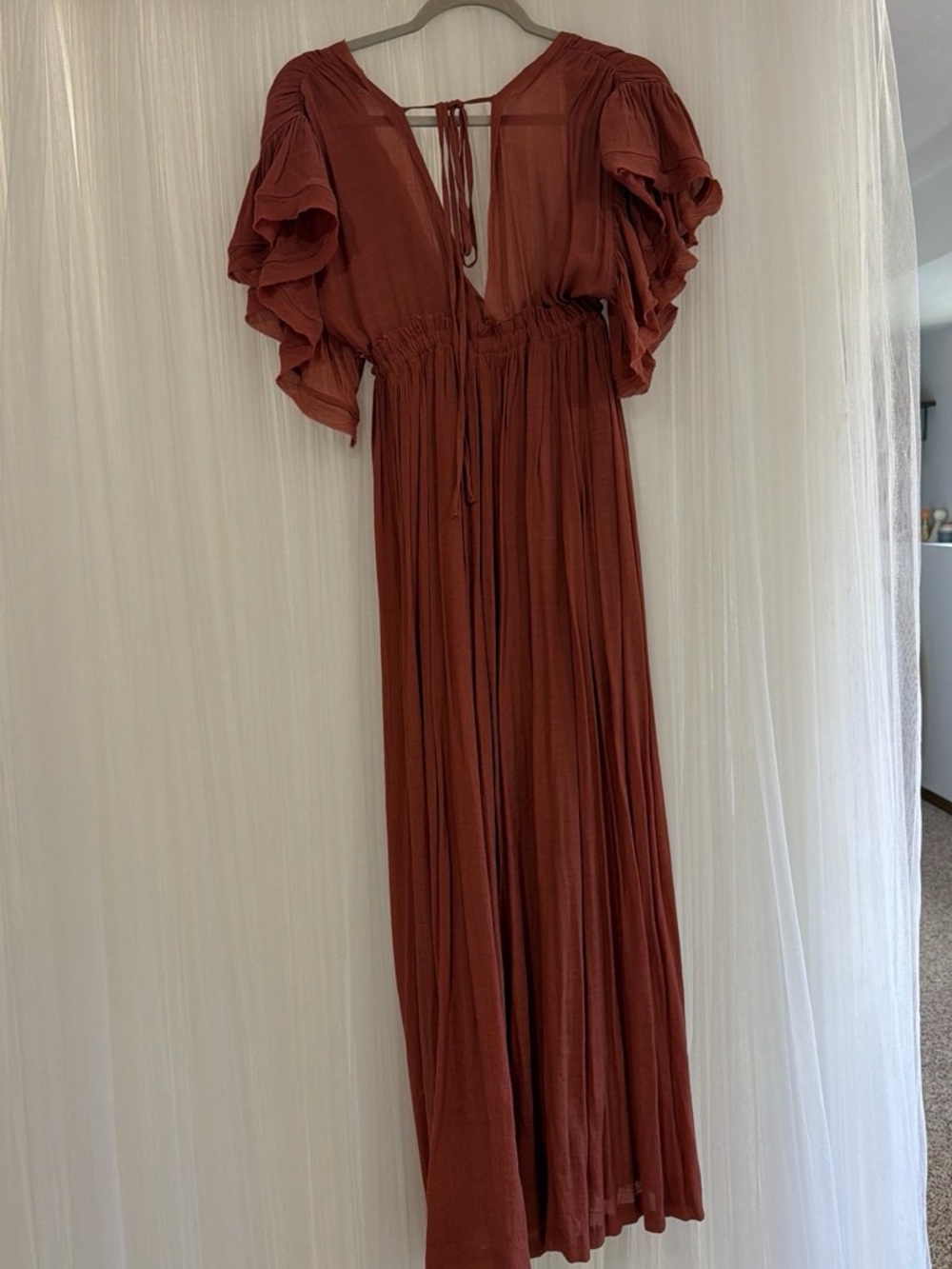 Women’s Rust Maxi Dress with Ruffle Sleeves